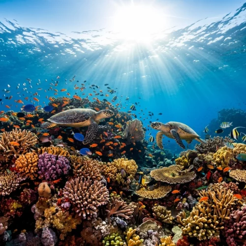 Escena submarina de un arrecife de coral poco profundo, iluminado desde arriba por intensos rayos de sol que atraviesan el agua azul clara. En primer plano y a media altura nadan dos tortugas marinas, una a la izquierda y otra a la derecha, con las aletas extendidas sobre un fondo denso de corales de distintas formas y tamaños. El arrecife presenta una gran variedad de colores y texturas, con corales ramificados, redondeados y en forma de plato en tonos marrones, amarillos, rosados y anaranjados. A su alrededor se desplazan numerosos peces pequeños y medianos de colores vivos —naranjas, azules, negros y amarillos— que aportan sensación de movimiento y biodiversidad. El fondo se pierde gradualmente en un azul más profundo, reforzando la sensación de profundidad y de ecosistema marino saludable.