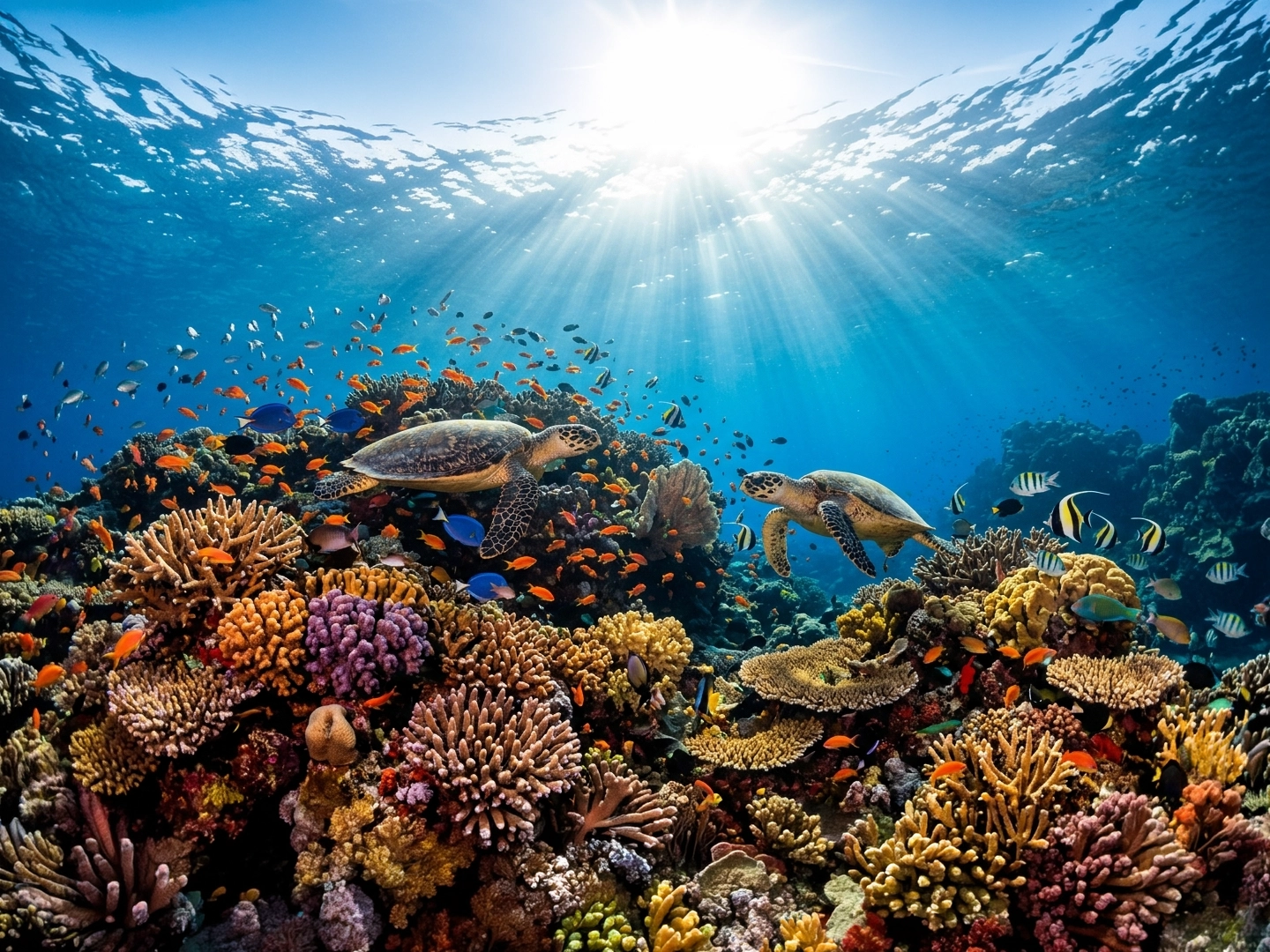 Escena submarina de un arrecife de coral poco profundo, iluminado desde arriba por intensos rayos de sol que atraviesan el agua azul clara. En primer plano y a media altura nadan dos tortugas marinas, una a la izquierda y otra a la derecha, con las aletas extendidas sobre un fondo denso de corales de distintas formas y tamaños. El arrecife presenta una gran variedad de colores y texturas, con corales ramificados, redondeados y en forma de plato en tonos marrones, amarillos, rosados y anaranjados. A su alrededor se desplazan numerosos peces pequeños y medianos de colores vivos —naranjas, azules, negros y amarillos— que aportan sensación de movimiento y biodiversidad. El fondo se pierde gradualmente en un azul más profundo, reforzando la sensación de profundidad y de ecosistema marino saludable.