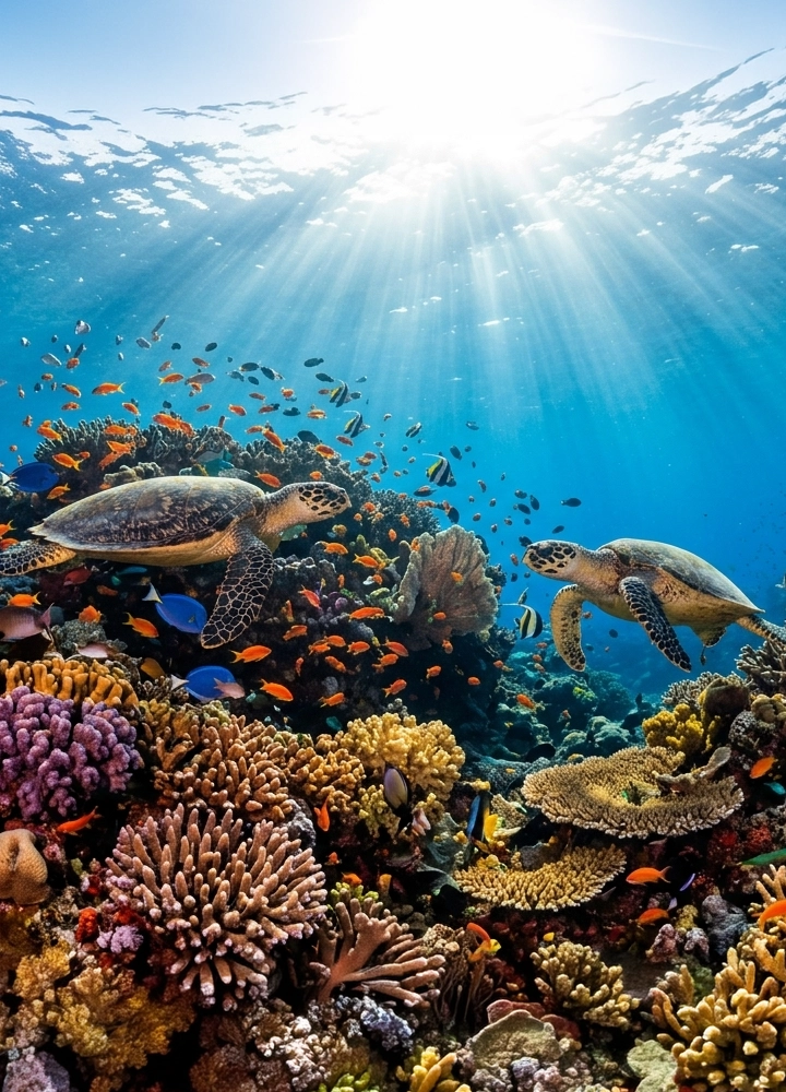 Escena submarina de un arrecife de coral poco profundo, iluminado desde arriba por intensos rayos de sol que atraviesan el agua azul clara. En primer plano y a media altura nadan dos tortugas marinas, una a la izquierda y otra a la derecha, con las aletas extendidas sobre un fondo denso de corales de distintas formas y tamaños. El arrecife presenta una gran variedad de colores y texturas, con corales ramificados, redondeados y en forma de plato en tonos marrones, amarillos, rosados y anaranjados. A su alrededor se desplazan numerosos peces pequeños y medianos de colores vivos —naranjas, azules, negros y amarillos— que aportan sensación de movimiento y biodiversidad. El fondo se pierde gradualmente en un azul más profundo, reforzando la sensación de profundidad y de ecosistema marino saludable.
