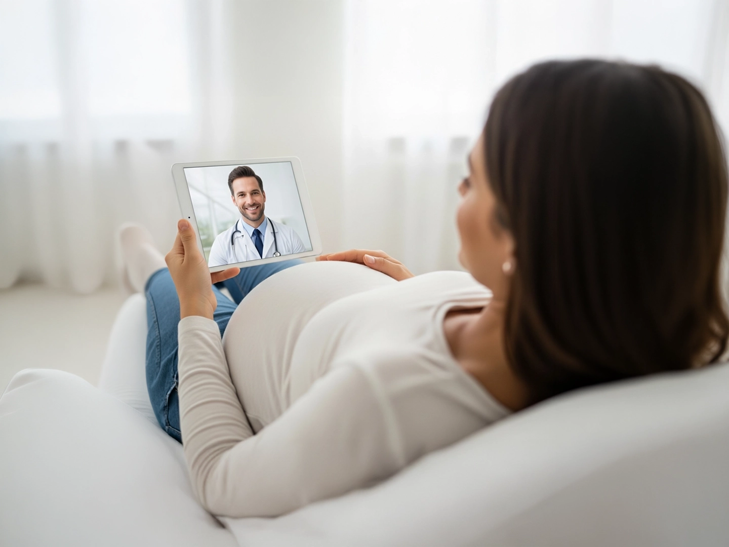 Persona recostada sobre un sofá blanco en un interior luminoso, con el cuerpo ligeramente inclinado hacia atrás y sosteniendo una tableta electrónica con una mano a la altura del abdomen; en la pantalla de la tableta aparece otra persona con bata médica durante una videollamada. La persona en primer plano viste ropa cómoda de tonos claros y oscuros combinados, con las piernas apoyadas sobre el sofá, mientras al fondo se aprecian cortinas blancas traslúcidas y una iluminación suave de luz natural que refuerza un entorno doméstico tranquilo y cuidado.