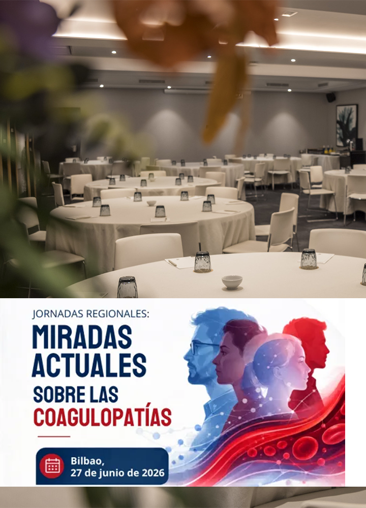 Sala de eventos interior preparada con varias mesas redondas cubiertas con manteles blancos y rodeadas de sillas claras, cada mesa equipada con vasos colocados boca abajo, libretas y pequeños recipientes; la iluminación es cálida y uniforme con focos en el techo, y en primer plano aparecen elementos desenfocados de plantas. En la parte inferior se integra un cartel promocional con el texto “Jornadas regionales: Miradas actuales sobre las coagulopatías” junto a ilustraciones de perfiles humanos en tonos azul y rojo y formas que evocan flujo sanguíneo, indicando “Bilbao, 27 de junio de 2026”.
