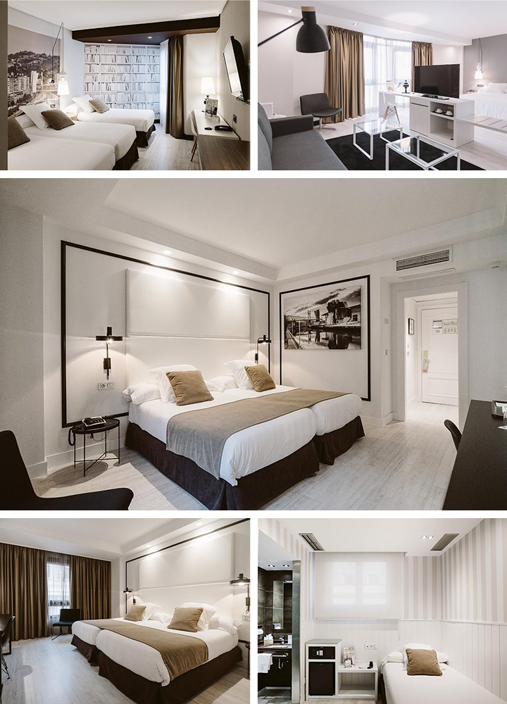 Composición de varias fotografías de habitaciones de hotel modernas en tonos neutros donde predominan el blanco, beige y negro: en la parte superior izquierda se ve una habitación con tres camas individuales alineadas, cabeceros blancos y una pared decorativa con estanterías simuladas, mientras que a la derecha aparece una zona de estar con sofá, mesa baja, lámpara de pie, televisión y una cama al fondo junto a cortinas largas; en el centro destaca una habitación doble con una cama grande vestida en blanco y beige, iluminación integrada en el cabecero, mesillas pequeñas con lámparas y un cuadro en blanco y negro en la pared, con el pasillo del baño visible al fondo; en la parte inferior izquierda se muestra otra habitación doble similar con cortinas oscuras y una pequeña zona de escritorio, y en la inferior derecha una estancia más compacta con una cama individual, paredes con paneles verticales, un pequeño frigorífico y un baño parcialmente visible, todo con iluminación suave y un estilo contemporáneo uniforme.