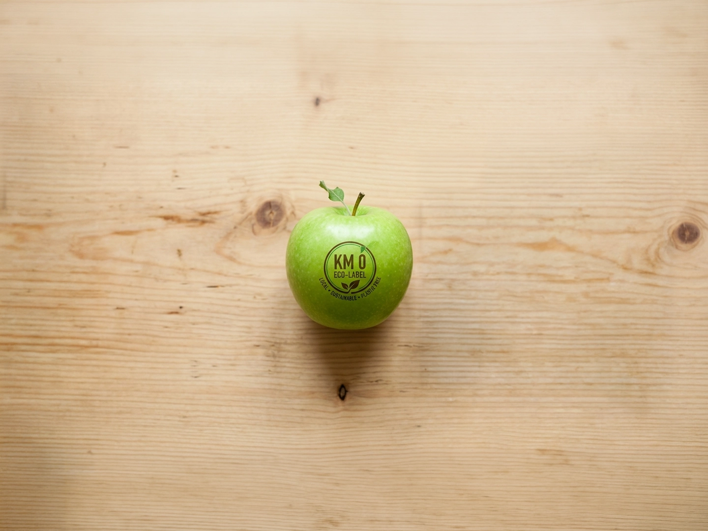 Manzana verde colocada en el centro de una superficie de madera clara, vista desde arriba, con una pequeña hoja en el tallo y un sello circular impreso que dice “KM 0 · ECO · LOCAL”, rodeada de amplio espacio vacío que refuerza una composición limpia y minimalista.