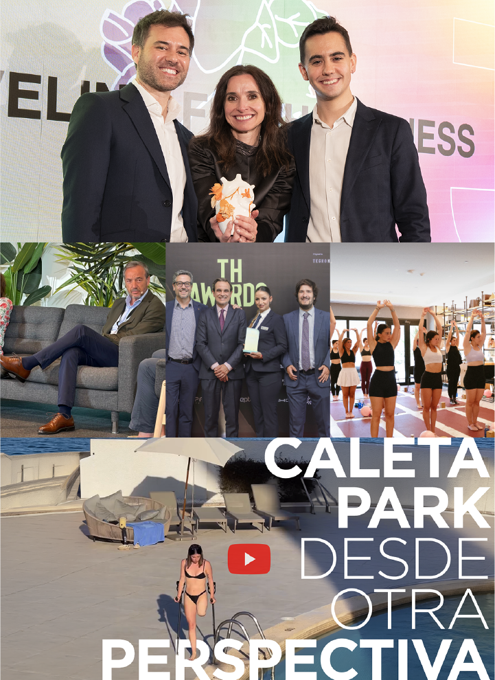 Composición tipo collage de varias escenas relacionadas con eventos y actividades: en la parte superior, tres personas posan frente a un fondo corporativo con gráficos de colores mientras sostienen una figura con forma de corazón; en el centro se combinan tres imágenes, a la izquierda una charla en un escenario con sofás y plantas, en el medio un grupo posando en un photocall de “TH Awards” con un premio, y a la derecha una sesión de ejercicio grupal en una sala luminosa; en la parte inferior, una piscina exterior junto al mar muestra a una persona saliendo del agua con muletas, acompañada de texto grande “Caleta Park desde otra perspectiva” y un icono de reproducción, todo dentro de una estética corporativa y promocional.