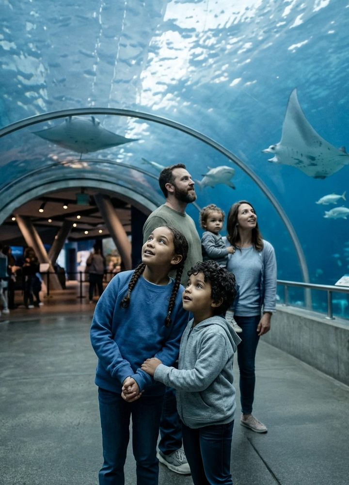 Grupo de varias personas, incluidas personas adultas y menores, situadas en un túnel acrílico de un acuario, con el suelo de hormigón y un techo curvado transparente por el que se observa agua azul con grandes rayas y otros peces nadando por encima; las personas están de pie en primer plano y en el centro del pasillo, algunas juntas y otras ligeramente separadas, con los rostros difuminados por privacidad, mientras al fondo se aprecian más visitantes, estructuras del edificio y una iluminación suave que combina luz artificial interior con la luz filtrada del agua.