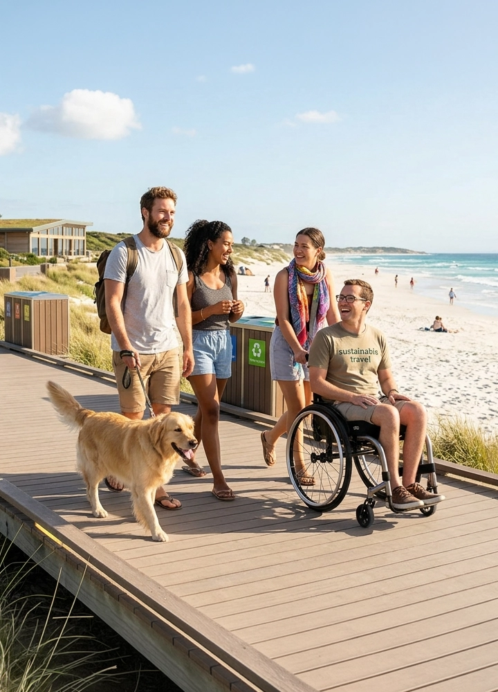 Pasarela de madera junto a una playa de arena clara y mar azul, con varias personas avanzando por el paseo; una de ellas se desplaza en una silla de ruedas y lleva una camiseta con el texto visible “sustainable travel”, mientras otra persona camina a su lado y el resto avanza detrás, acompañados por un perro de tamaño grande y color dorado que camina por la izquierda; al fondo se ven bañistas en la orilla, dunas con vegetación, papeleras de reciclaje y edificaciones bajas, todo bajo un cielo despejado y luminoso que refuerza un entorno costero accesible y relajado.