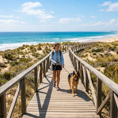 Pasarela de madera elevada que atraviesa dunas cubiertas de vegetación y conduce hacia una playa amplia de arena clara y mar azul; en el centro, una persona camina sujetando con correa a un perro de tamaño grande, mientras al fondo se extiende la costa con olas suaves y pequeñas figuras dispersas, bajo un cielo luminoso con nubes dispersas.