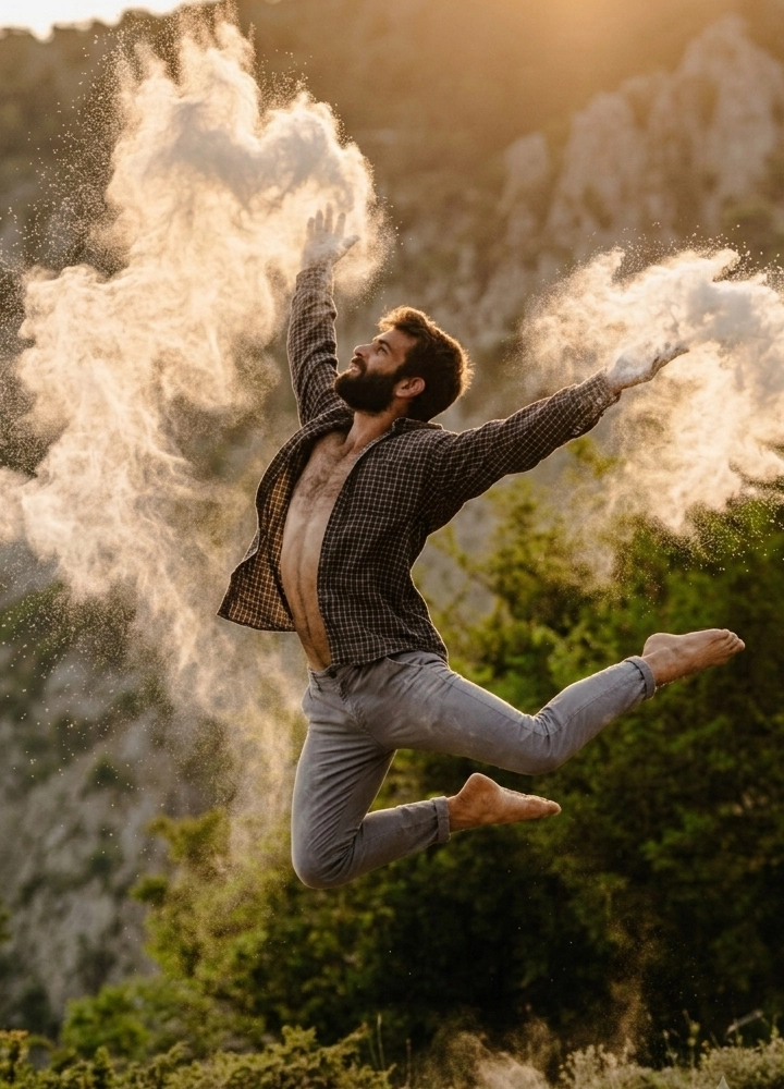 Persona captada en el aire durante un salto en un entorno natural, con una ladera rocosa y vegetación verde desenfadada al fondo, iluminado por luz cálida de atardecer; el cuerpo aparece completamente suspendido con una pierna estirada hacia atrás y la otra flexionada, los pies descalzos visibles, mientras ambos brazos se elevan en diagonal creando una postura expansiva, y desde las manos y los alrededores del torso se libera un polvo claro que forma nubes suaves y dispersas que se expanden en el aire, con partículas finas que brillan por la luz y aportan un efecto dinámico y etéreo sobre el fondo más oscuro, sin presencia de texto ni otros objetos.