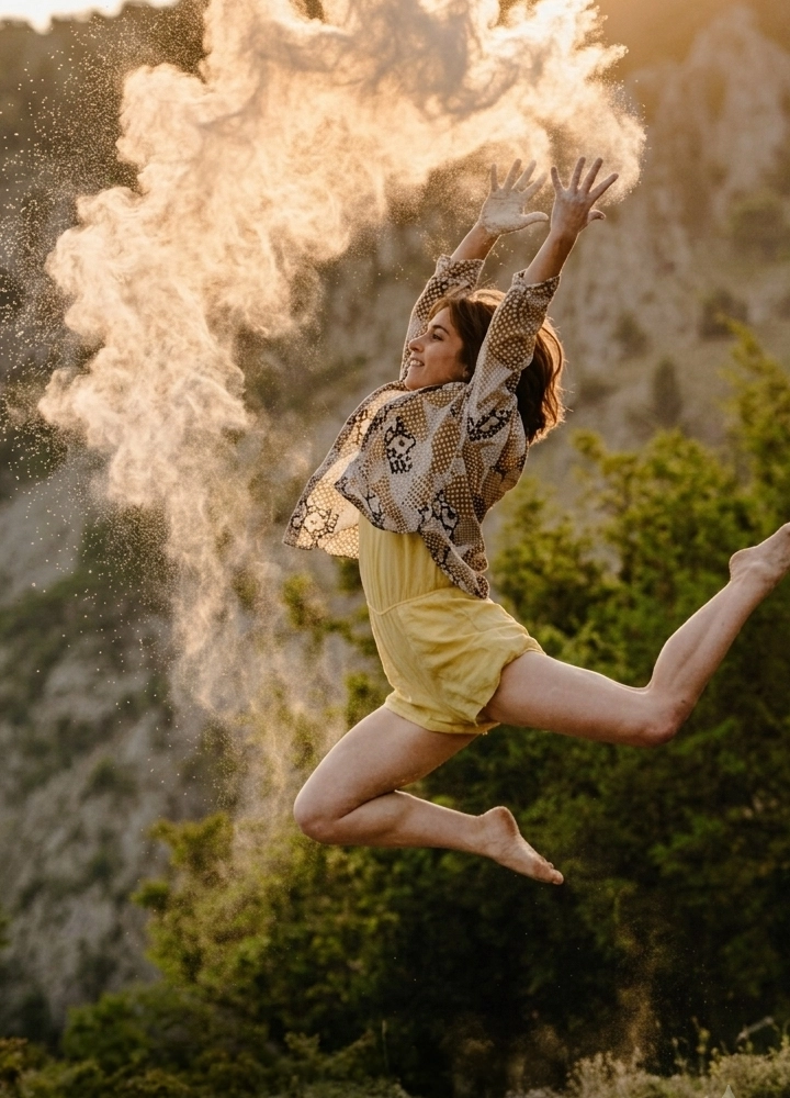 Persona captada en el aire durante un salto en un entorno natural, con una ladera rocosa y vegetación verde desenfadada al fondo, iluminado por luz cálida de atardecer; el cuerpo aparece completamente suspendido con una pierna estirada hacia atrás y la otra flexionada, los pies descalzos visibles, mientras ambos brazos se elevan en diagonal creando una postura expansiva, y desde las manos y los alrededores del torso se libera un polvo claro que forma nubes suaves y dispersas que se expanden en el aire, con partículas finas que brillan por la luz y aportan un efecto dinámico y etéreo sobre el fondo más oscuro, sin presencia de texto ni otros objetos.