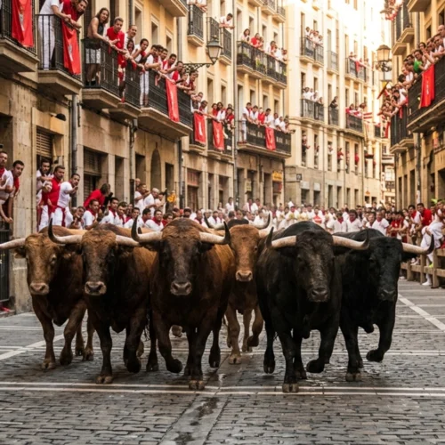 Grupo de varios toros de pelaje oscuro avanzando juntos por una calle estrecha de adoquines, ocupando todo el ancho de la vía, con los cuernos dirigidos hacia delante y las cabezas alineadas. A ambos lados, edificios de varias plantas con balcones llenos de personas observando desde arriba, muchos apoyados en las barandillas y con telas rojas colgadas. En la parte baja, otras personas vestidas de blanco con pañuelos rojos se concentran tras barreras de madera, dejando el paso libre a los animales. La luz diurna ilumina la escena, resaltando los tonos cálidos de las fachadas y creando un ambiente muy concurrido y dinámico propio de una celebración popular.