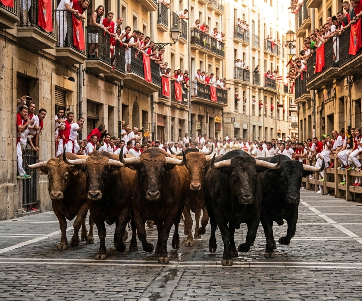 Grupo de varios toros de pelaje oscuro avanzando juntos por una calle estrecha de adoquines, ocupando todo el ancho de la vía, con los cuernos dirigidos hacia delante y las cabezas alineadas. A ambos lados, edificios de varias plantas con balcones llenos de personas observando desde arriba, muchos apoyados en las barandillas y con telas rojas colgadas. En la parte baja, otras personas vestidas de blanco con pañuelos rojos se concentran tras barreras de madera, dejando el paso libre a los animales. La luz diurna ilumina la escena, resaltando los tonos cálidos de las fachadas y creando un ambiente muy concurrido y dinámico propio de una celebración popular.