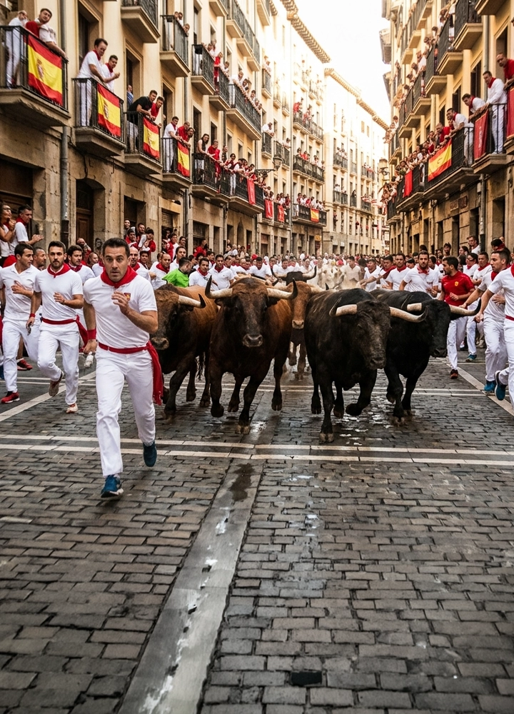 Calle estrecha de casco antiguo con edificios de varias plantas a ambos lados, cuyos balcones están llenos de personas observando desde arriba y decorados con banderas de España y telas rojas. Sobre el pavimento de adoquines mojados avanza un grupo de varios toros de gran tamaño, de pelaje oscuro y cuernos prominentes, moviéndose juntos por el centro de la vía. Delante y alrededor de los animales, numerosas personas vestidas de blanco con pañuelos rojos corren en la misma dirección, algunas muy próximas a los toros. En primer plano, una persona corre hacia la cámara con ropa blanca y zapatillas oscuras, mientras detrás se abre una multitud compacta que sigue la carrera. La iluminación es diurna y cálida, con luz que entra desde el fondo de la calle y resalta la profundidad del recorrido, creando una escena dinámica y concurrida típica de una celebración popular.
