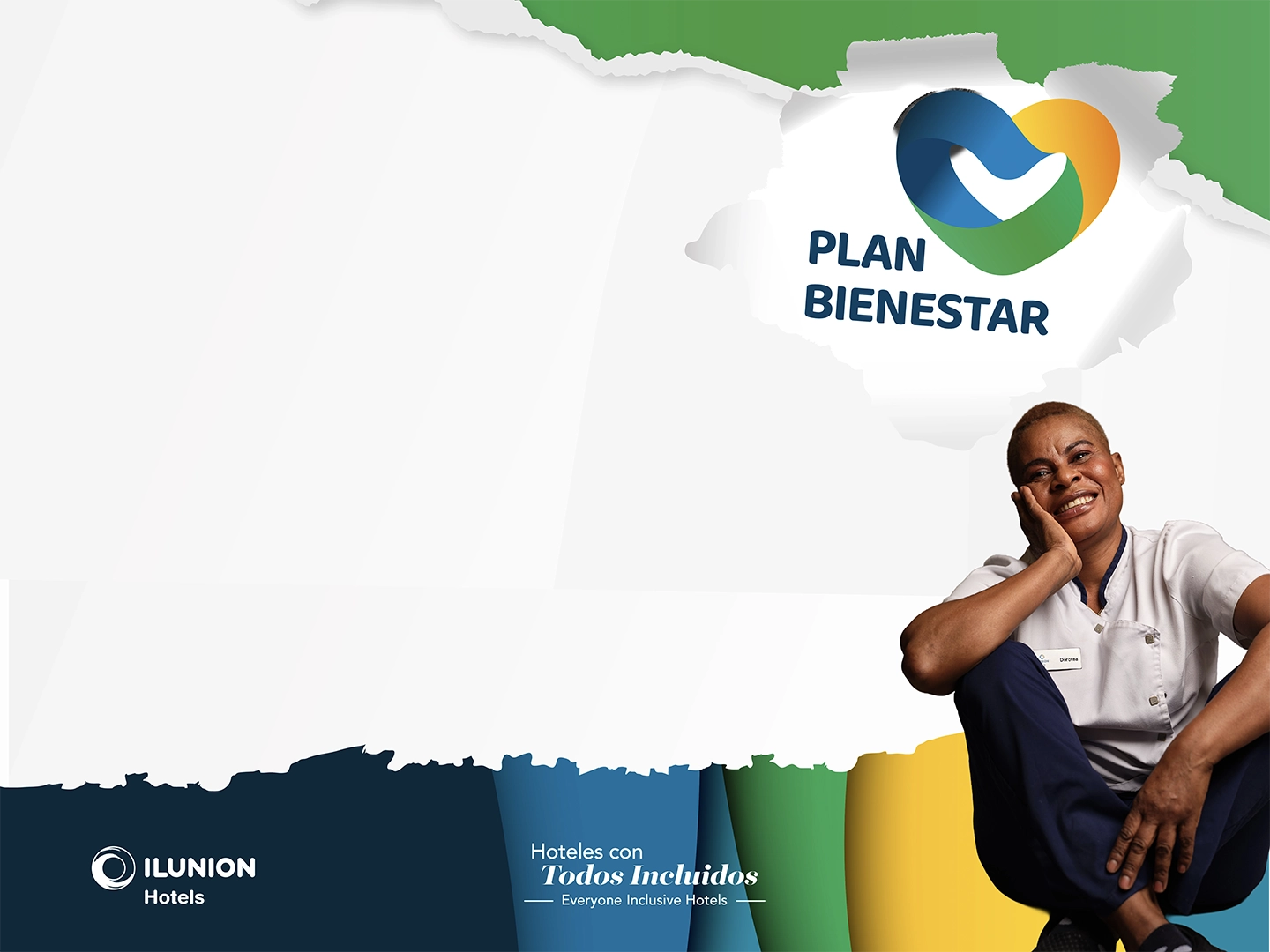 Composición gráfica corporativa sobre fondo blanco con bordes irregulares que simulan papel rasgado; en la parte superior derecha aparece el logotipo de Plan Bienestar, un corazón formado por formas entrelazadas en azul, verde y amarillo junto al texto “PLAN BIENESTAR”, mientras que en la esquina inferior izquierda se ve el logotipo de ILUNION Hotels y el lema “Hoteles con Todos Incluidos · Everyone Inclusive Hotels”; en el lado derecho, una persona con uniforme de trabajo está sentada con el codo apoyado en la rodilla y la mano en el rostro, con el rostro difuminado por privacidad, y una franja inferior en colores azul, verde y amarillo refuerza la identidad visual de la marca.