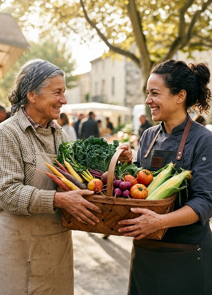 Escena al aire libre en un mercado o feria, con dos personas de pie en primer plano sosteniendo conjuntamente una cesta de mimbre llena de verduras frescas como zanahorias de distintos colores, tomates, maíz, remolachas y hojas verdes; ambas llevan ropa de trabajo con delantales y las caras aparecen difuminadas por privacidad, mientras al fondo se aprecia un entorno arbolado con luz natural, otras personas desenfocadas y puestos o edificios que sugieren una actividad comunitaria o de venta directa de productos agrícolas.