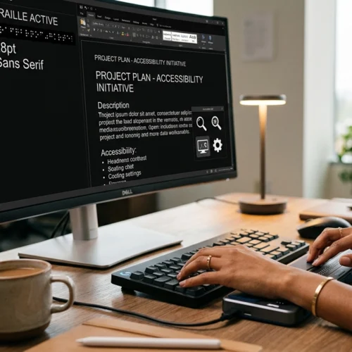 Pantalla de ordenador en un escritorio de madera mostrando un documento oscuro titulado “PROJECT PLAN – ACCESSIBILITY INITIATIVE”, con secciones como “Description” y “Accessibility”, que incluyen puntos como contraste de encabezados y configuración de lectura; en el lateral izquierdo aparece el texto “BRAILLE ACTIVE” y “28pt Sans Serif” junto a una línea en braille. En primer plano, unas manos utilizan un teclado acompañado de un dispositivo de lectura braille conectado, mientras a un lado hay una taza y delante un ratón; al fondo, una lámpara de mesa encendida y una planta junto a una ventana aportan luz natural y refuerzan un entorno de trabajo centrado en la accesibilidad digital.