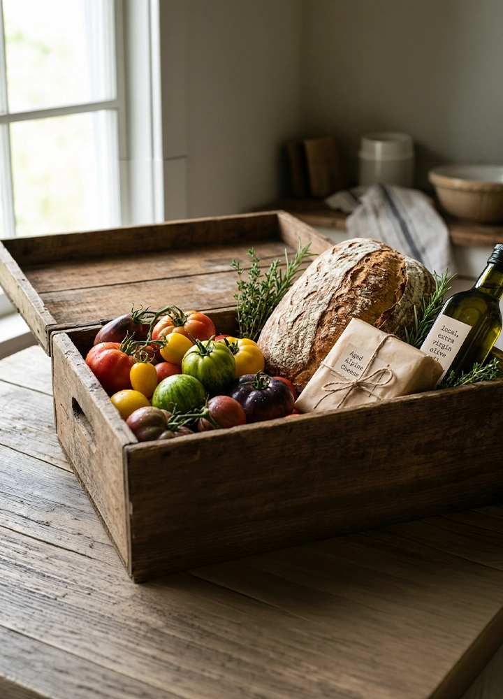 Caja de madera rústica colocada sobre una mesa de madera clara, abierta y llena de alimentos frescos: una hogaza de pan artesanal con corteza dorada, varios tomates de distintos colores, hierbas aromáticas verdes, un paquete pequeño de papel y una botella de aceite de oliva oscuro; la escena está iluminada por luz natural que entra desde una ventana a la izquierda, con un fondo suave y doméstico que refuerza una sensación de cocina tranquila y natural.
