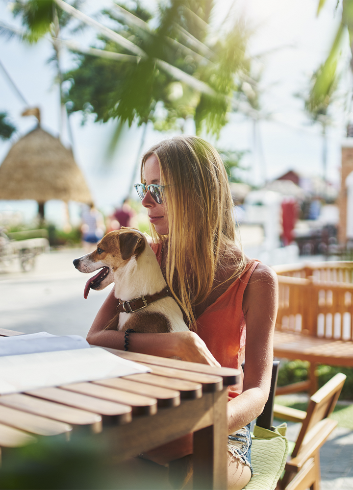 La imagen muestra a una persona sentada en una terraza exterior junto a un perro de pequeño tamaño, en un entorno luminoso y rodeado de vegetación. Ambos se encuentran junto a una mesa de madera, integrada en una zona de restauración o descanso al aire libre con mobiliario cuidado y espacios ajardinados. El perro permanece cómodamente en brazos de la persona mientras observan el entorno, reforzando la idea de convivencia durante una estancia de ocio. En conjunto, la fotografía transmite una experiencia pet friendly, destacando la disponibilidad de espacios adaptados para huéspedes que viajan con sus animales de compañía y promoviendo una estancia cómoda, acogedora e inclusiva para todas las personas usuarias.