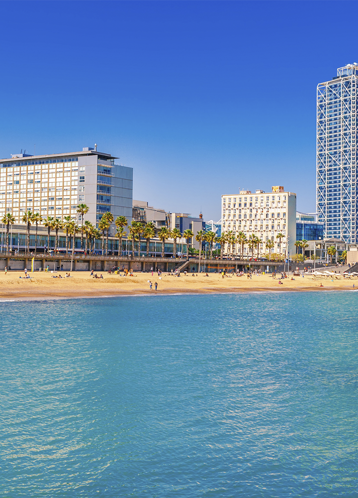 Vista de una playa urbana con arena clara en primer plano junto a agua tranquila de tono azul verdoso, donde varias personas se distribuyen a lo largo de la orilla; detrás se alinea un paseo con palmeras y, a continuación, varios edificios de diferentes alturas y estilos, incluyendo una torre alta de estructura moderna y un hotel de fachada clara, todo bajo un cielo completamente despejado de color azul intenso.