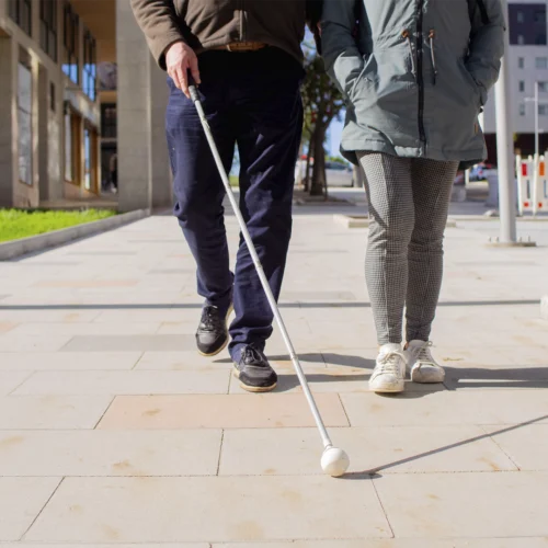 Dos personas caminan juntas por una acera exterior iluminada por luz natural. Una de las personas utiliza un bastón blanco que se apoya en el suelo delante de sus pies, extendido en diagonal, como herramienta de movilidad. Ambas figuras aparecen encuadradas desde la cintura hacia abajo, con ropa de abrigo: pantalones largos y chaquetas. El pavimento es de baldosas claras y se extiende hacia el fondo, donde se perciben columnas y parte de un edificio, así como zonas verdes. Las dos personas avanzan lado a lado, con una separación corta, sugiriendo acompañamiento durante el desplazamiento.