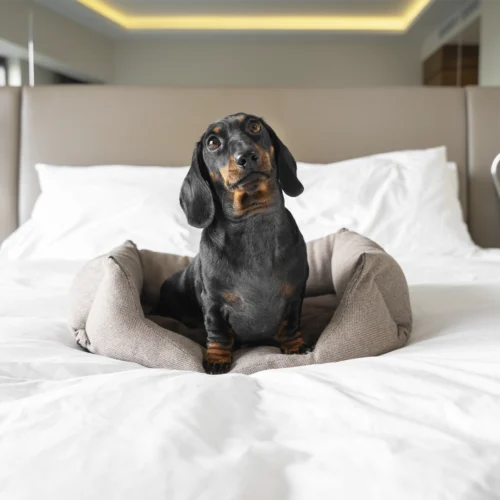 Un perro de pequeño tamaño descansa sobre una cama en una habitación de hotel moderna y luminosa, acomodado en una cama para mascotas situada sobre la ropa de cama. El entorno presenta una decoración elegante y funcional, con cabecero acolchado, iluminación integrada y lámparas de lectura a ambos lados. La escena pone en valor los servicios pet friendly del establecimiento, destacando la comodidad y el bienestar de los animales de compañía durante la estancia. En conjunto, transmite una experiencia de alojamiento inclusiva y adaptada para quienes viajan con sus mascotas.