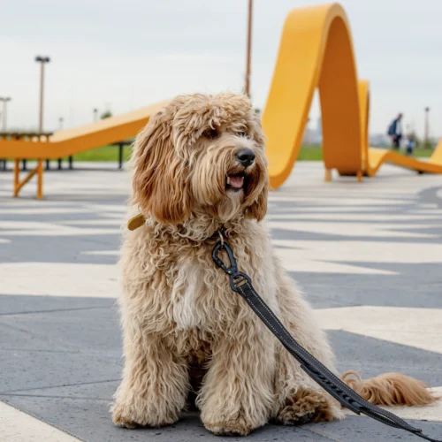 Perro de pelaje largo y rizado en tono beige claro, sentado en un suelo de baldosas grises con correa negra, en primer plano; al fondo, una estructura urbana ondulada de color naranja sobre una amplia plaza con algunas figuras desenfocadas.