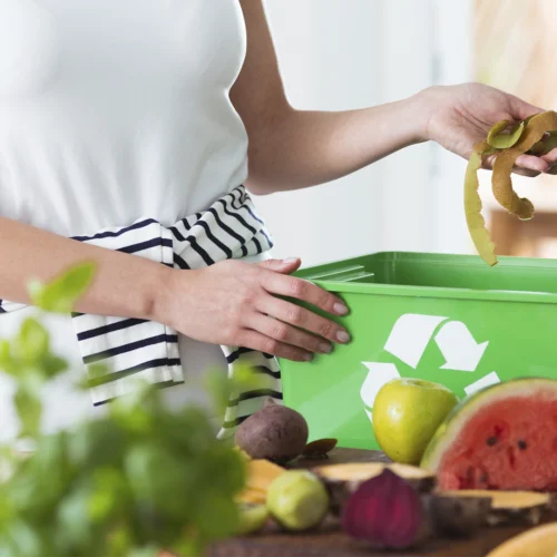 Una persona deposita restos orgánicos de fruta en un contenedor verde identificado con el símbolo de reciclaje, promoviendo una correcta gestión de los residuos y el aprovechamiento de materiales biodegradables. En primer plano se observan diferentes frutas y restos vegetales sobre una superficie de trabajo, reforzando el mensaje de consumo responsable y reducción del desperdicio. En conjunto, la escena transmite valores relacionados con la sostenibilidad, la economía circular y el compromiso con prácticas respetuosas con el medio ambiente.