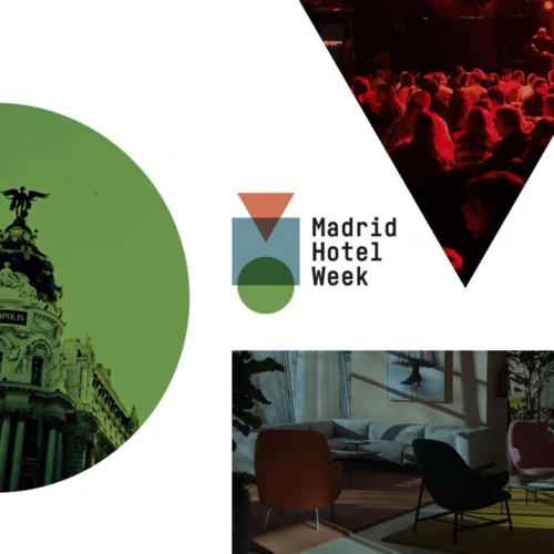 Cartel promocional de Madrid Hotel Week con composiciones geométricas. Incluye una imagen del edificio Metrópolis dentro de un círculo verde, una fotografía de público en un evento dentro de un triángulo invertido y una imagen de una sala de hotel. En el centro aparece el logotipo y el texto “Madrid Hotel Week”.