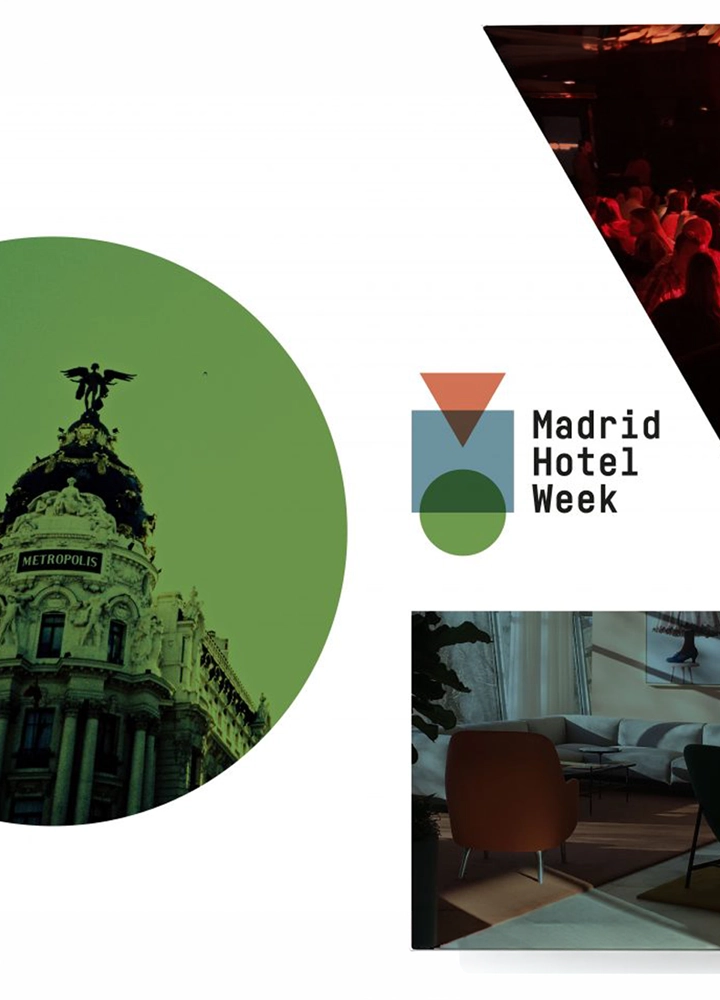 Cartel promocional de Madrid Hotel Week con composiciones geométricas. Incluye una imagen del edificio Metrópolis dentro de un círculo verde, una fotografía de público en un evento dentro de un triángulo invertido y una imagen de una sala de hotel. En el centro aparece el logotipo y el texto “Madrid Hotel Week”.