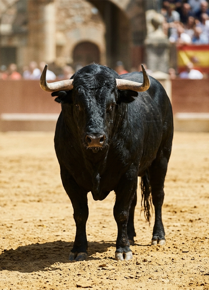 Toro negro de grandes dimensiones en el centro de una plaza de arena, visto de frente. Destacan sus largos cuernos curvados hacia arriba y las marcas identificativas en ambas orejas. Al fondo se aprecia la barrera de una plaza de toros con el público desenfocado tras ella, mientras la luz del sol proyecta la sombra del animal sobre el suelo.