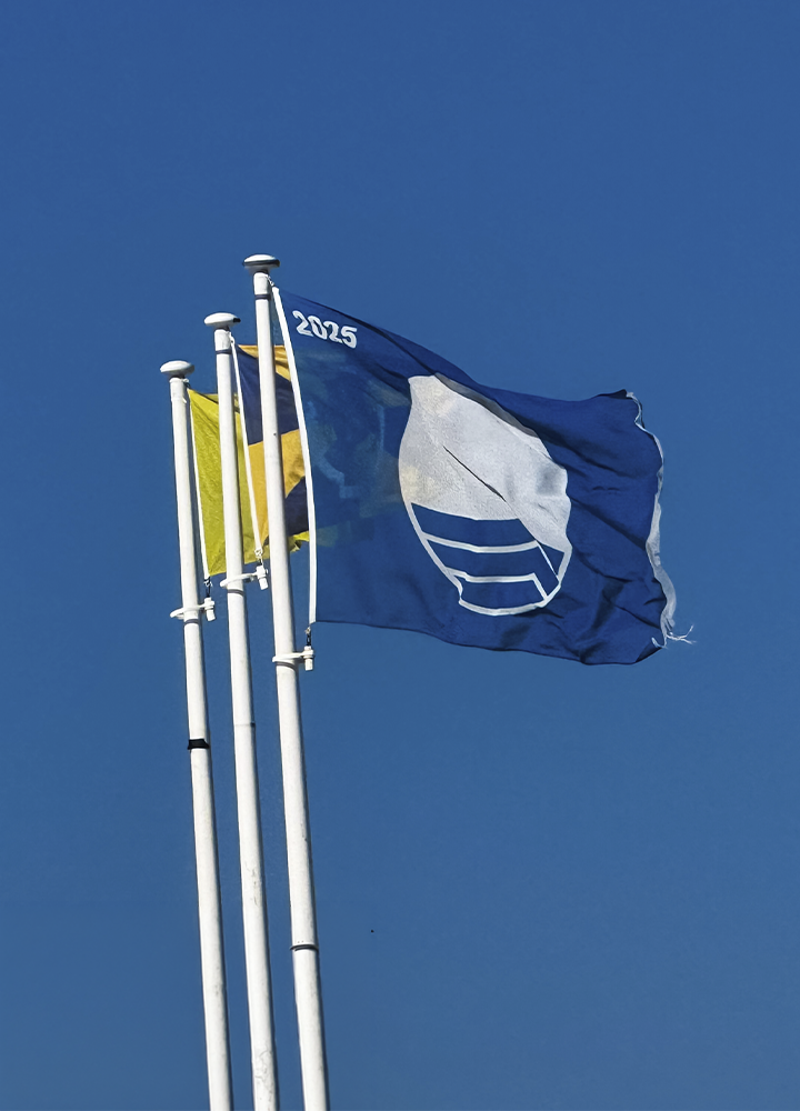 Tres mástiles blancos con banderas ondeando frente a un cielo azul despejado. En primer plano destaca una bandera azul con el distintivo de la Bandera Azul de playas y puertos, donde se aprecia un símbolo circular blanco y el texto “2025”. Detrás se observan parcialmente otras banderas amarilla y azul. La composición está dominada por el cielo, con las banderas ocupando la parte central superior de la imagen.