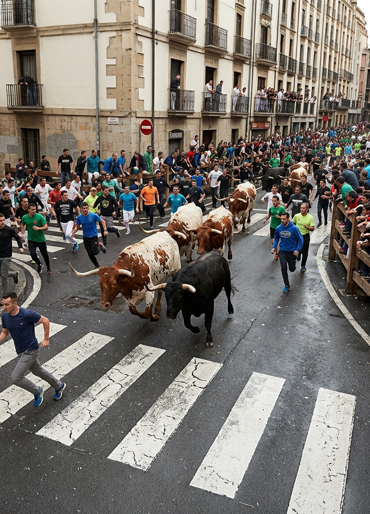 Encierro popular por una calle urbana repleta de participantes y espectadores. Varios toros y bueyes corren por la calzada mientras numerosas personas avanzan a su alrededor. A ambos lados, las aceras y balcones de los edificios están abarrotados de público observando el recorrido. En primer plano destacan las franjas de un paso de peatones, y las vallas de madera delimitan parte del trayecto. El ambiente es multitudinario y la escena está captada desde una posición elevada que permite apreciar todo el recorrido.