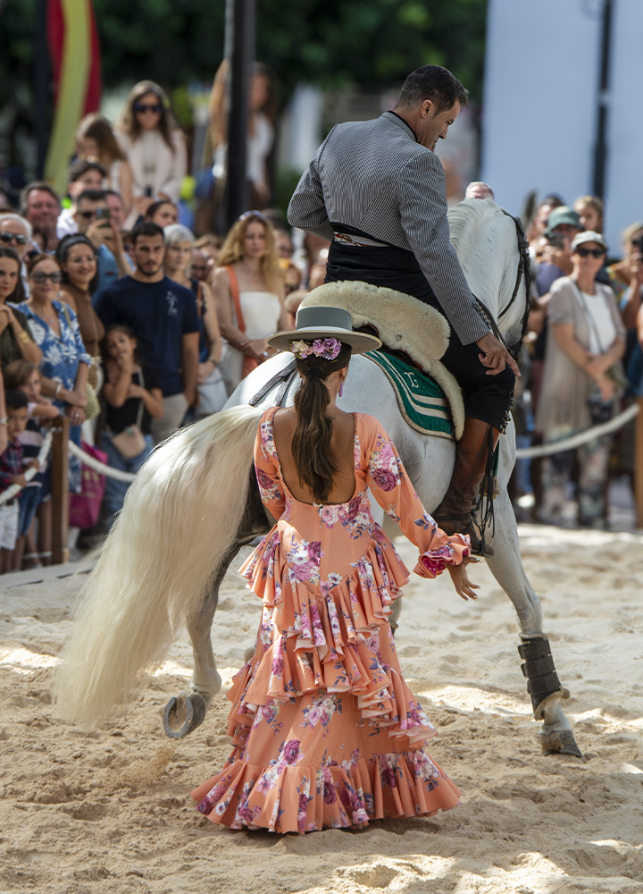 Persona montada sobre un caballo blanco realiza una exhibición ecuestre en una pista de arena. En primer plano, otra persona vestida con un traje de volantes estampado y sombrero observa la escena de espaldas. Alrededor de la pista, una multitud sigue el espectáculo desde detrás de una barrera, mientras el caballo avanza con una de las patas levantadas. La luz del día ilumina el recinto y resalta los detalles de la vestimenta tradicional y la larga crin blanca del animal.