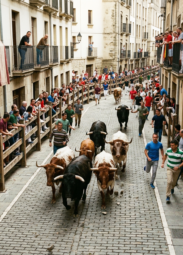 Encierro popular por una calle estrecha delimitada con vallas de madera. Un grupo de toros y bueyes corre por el centro del recorrido mientras numerosas personas avanzan a su alrededor. A ambos lados, decenas de espectadores observan desde detrás de las vallas y desde los balcones de los edificios de piedra y fachadas claras. La imagen está tomada desde un punto elevado, mostrando la longitud de la calle y la gran afluencia de público que sigue el recorrido.