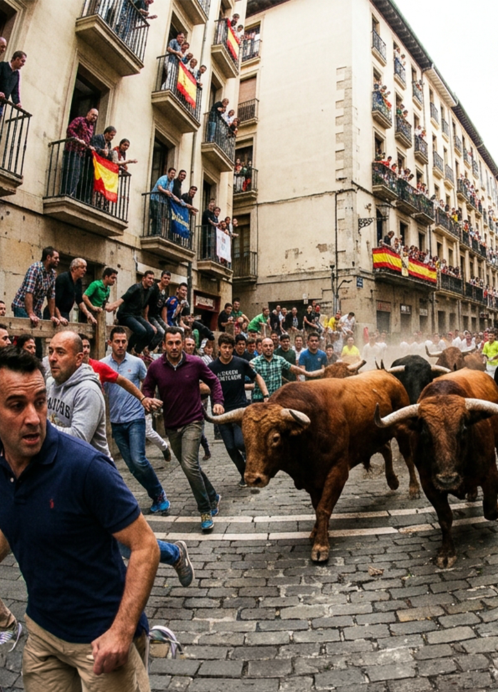 Encierro popular por una calle histórica abarrotada de público. Varios toros corren por una calzada empedrada mientras numerosas personas avanzan a su alrededor. Los edificios de varios pisos que rodean la calle están llenos de espectadores asomados a balcones, muchos decorados con banderas de España. En ambos lados del recorrido se concentran cientos de personas observando el paso de los animales, creando una escena multitudinaria y dinámica captada a nivel de calle.