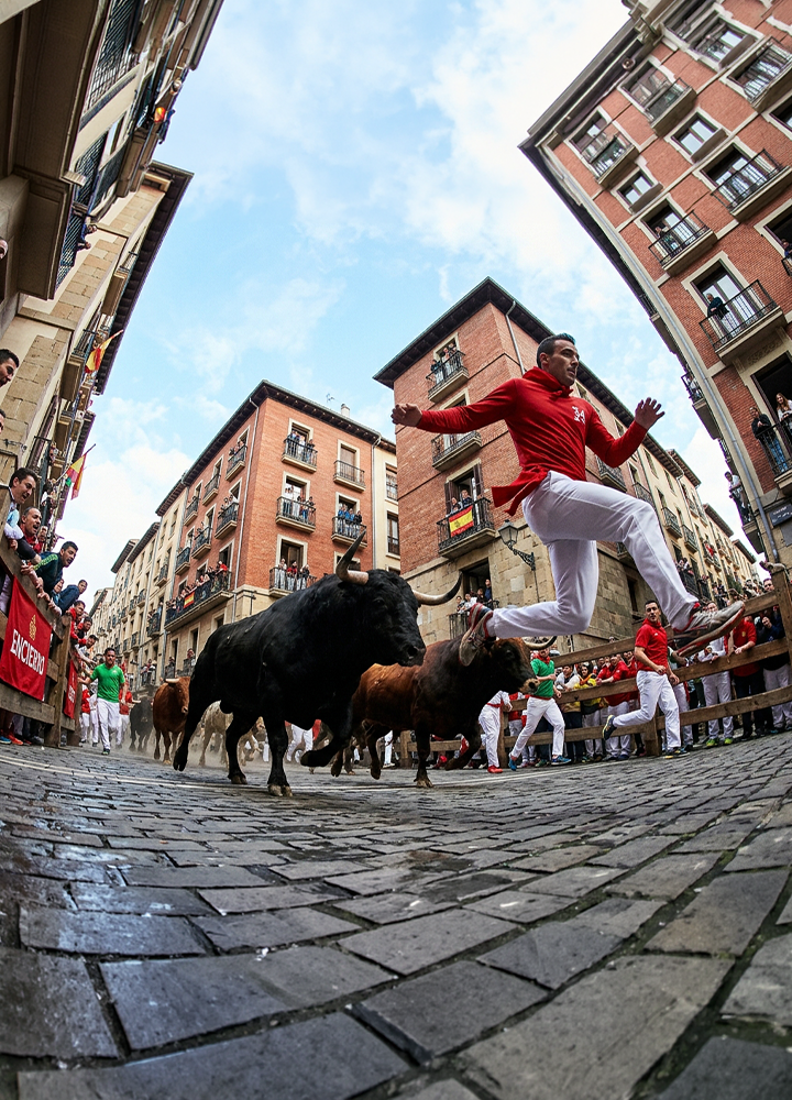 Persona salta sobre una valla durante un encierro por una calle empedrada de un casco histórico. En primer plano, varios toros corren por el recorrido mientras numerosos participantes vestidos de blanco y rojo avanzan junto a ellos. A ambos lados, las vallas y los balcones de los edificios están repletos de espectadores observando el paso del encierro. La fotografía está tomada desde una perspectiva muy baja que acentúa la velocidad y la cercanía de la escena.