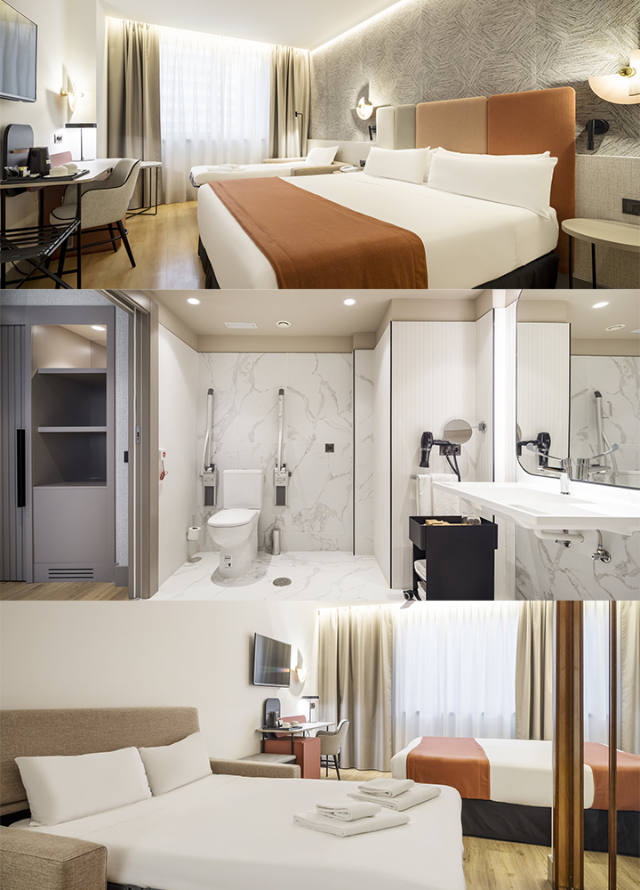 Collage de tres fotografías de una habitación de hotel accesible. En la parte superior se muestra un dormitorio moderno con una cama doble y una cama individual, ropa de cama blanca, cabeceros acolchados en tonos beige y terracota, escritorio y un gran ventanal con cortinas claras. En el centro aparece un baño adaptado con amplios espacios de maniobra, barras de apoyo junto al inodoro, lavabo suspendido y acabados en tonos claros con efecto mármol. En la parte inferior se ve otra perspectiva de la habitación, con un sofá cama, una cama individual, escritorio, televisor y suelo de madera, destacando el diseño funcional y accesible del alojamiento.