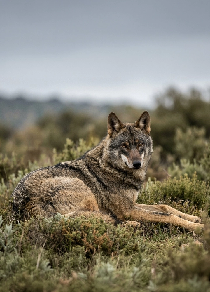 Lobo de pelaje gris, marrón y crema recostado entre matorrales y vegetación baja en un entorno natural. El animal ocupa el primer plano, con el cuerpo de perfil y la cabeza orientada hacia la cámara, destacando las orejas erguidas y la textura densa del pelaje. El fondo aparece desenfocado, con arbustos y colinas suaves bajo un cielo gris cubierto de nubes. Los tonos naturales y la poca profundidad de campo centran la atención en el lobo y aportan sensación de tranquilidad y aislamiento en el paisaje.