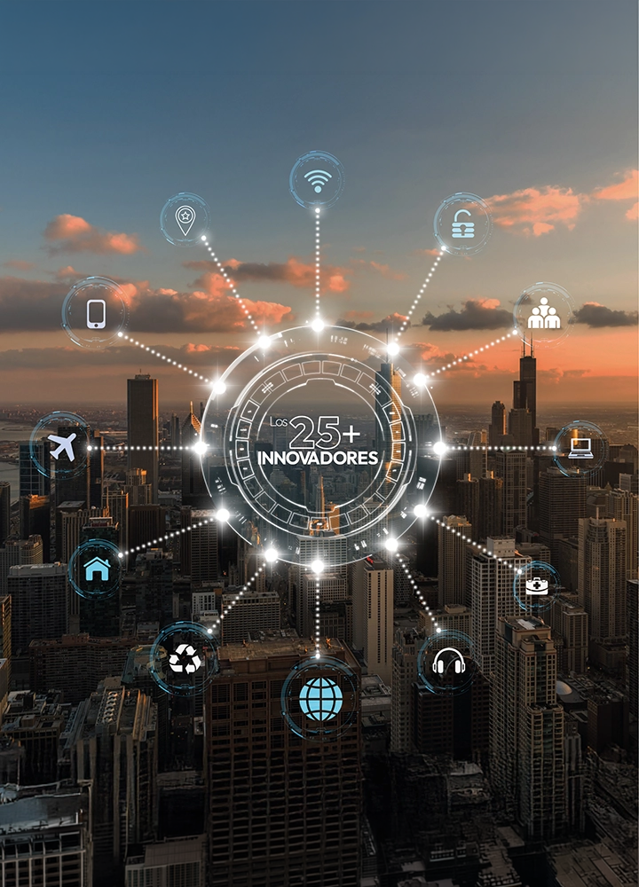 Vista aérea de una gran ciudad al atardecer con rascacielos y edificios modernos. Sobre el paisaje urbano se superpone una interfaz digital circular con el texto “Los 25+ Innovadores” en el centro. Alrededor aparecen iconos conectados por líneas luminosas que representan distintos ámbitos como conectividad, movilidad, sostenibilidad, vivienda, reciclaje, salud, viajes, tecnología y comunidad, evocando el concepto de ciudad inteligente e innovación interconectada.