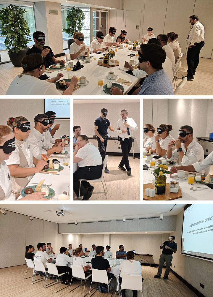 Grupo de personas participando en una actividad formativa y sensorial en una sala de reuniones. Varias imágenes muestran a las personas compartiendo un desayuno con antifaces, mientras una persona facilitadora dirige la experiencia. En la fotografía inferior, el grupo asiste a una presentación frente a una pantalla de proyección en un espacio amplio y luminoso.