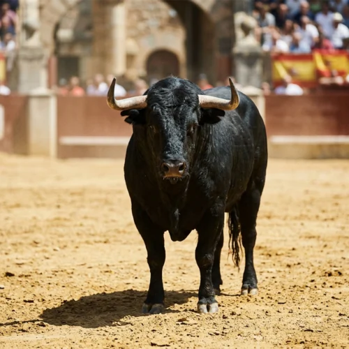 Toro negro de grandes dimensiones en el centro de una plaza de arena, visto de frente. Destacan sus largos cuernos curvados hacia arriba y las marcas identificativas en ambas orejas. Al fondo se aprecia la barrera de una plaza de toros con el público desenfocado tras ella, mientras la luz del sol proyecta la sombra del animal sobre el suelo.