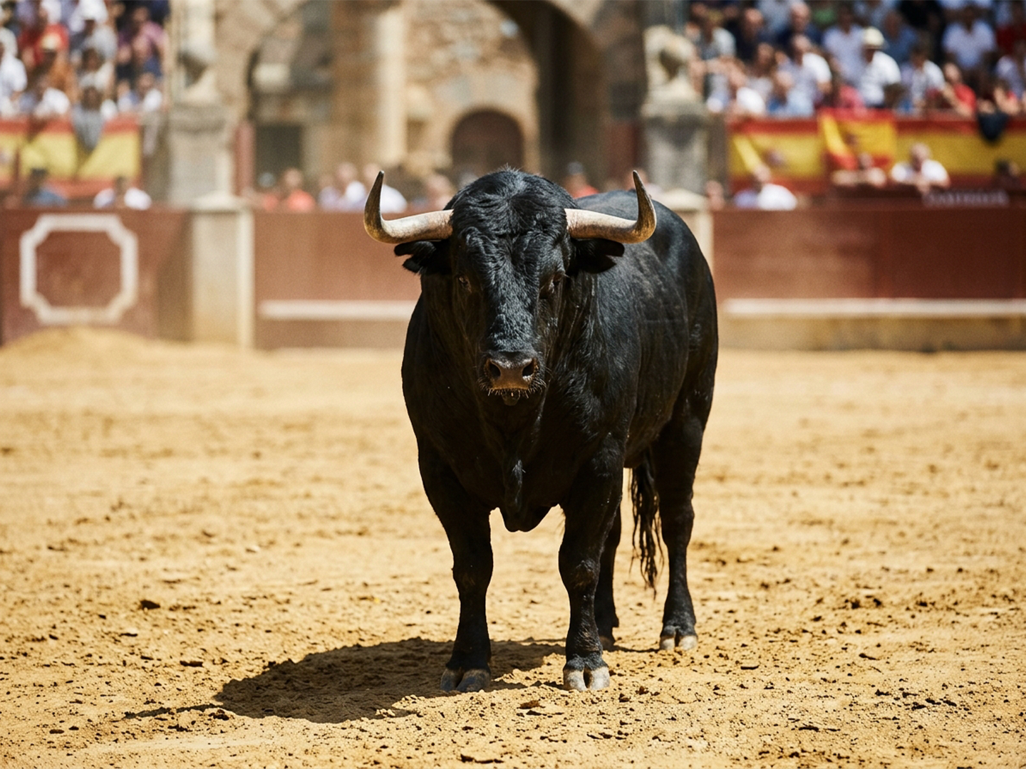 Toro negro de grandes dimensiones en el centro de una plaza de arena, visto de frente. Destacan sus largos cuernos curvados hacia arriba y las marcas identificativas en ambas orejas. Al fondo se aprecia la barrera de una plaza de toros con el público desenfocado tras ella, mientras la luz del sol proyecta la sombra del animal sobre el suelo.
