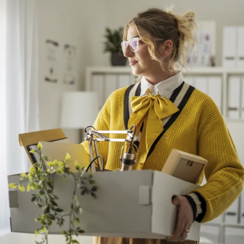 Persona con gafas sostiene una caja con documentos, una lámpara de escritorio y otros objetos de oficina en un espacio de trabajo luminoso. Viste un cárdigan amarillo sobre una camisa blanca con un lazo del mismo color y se encuentra junto a una ventana que deja entrar luz natural. Al fondo se observan estanterías con archivadores, plantas decorativas y mobiliario de oficina en tonos claros.