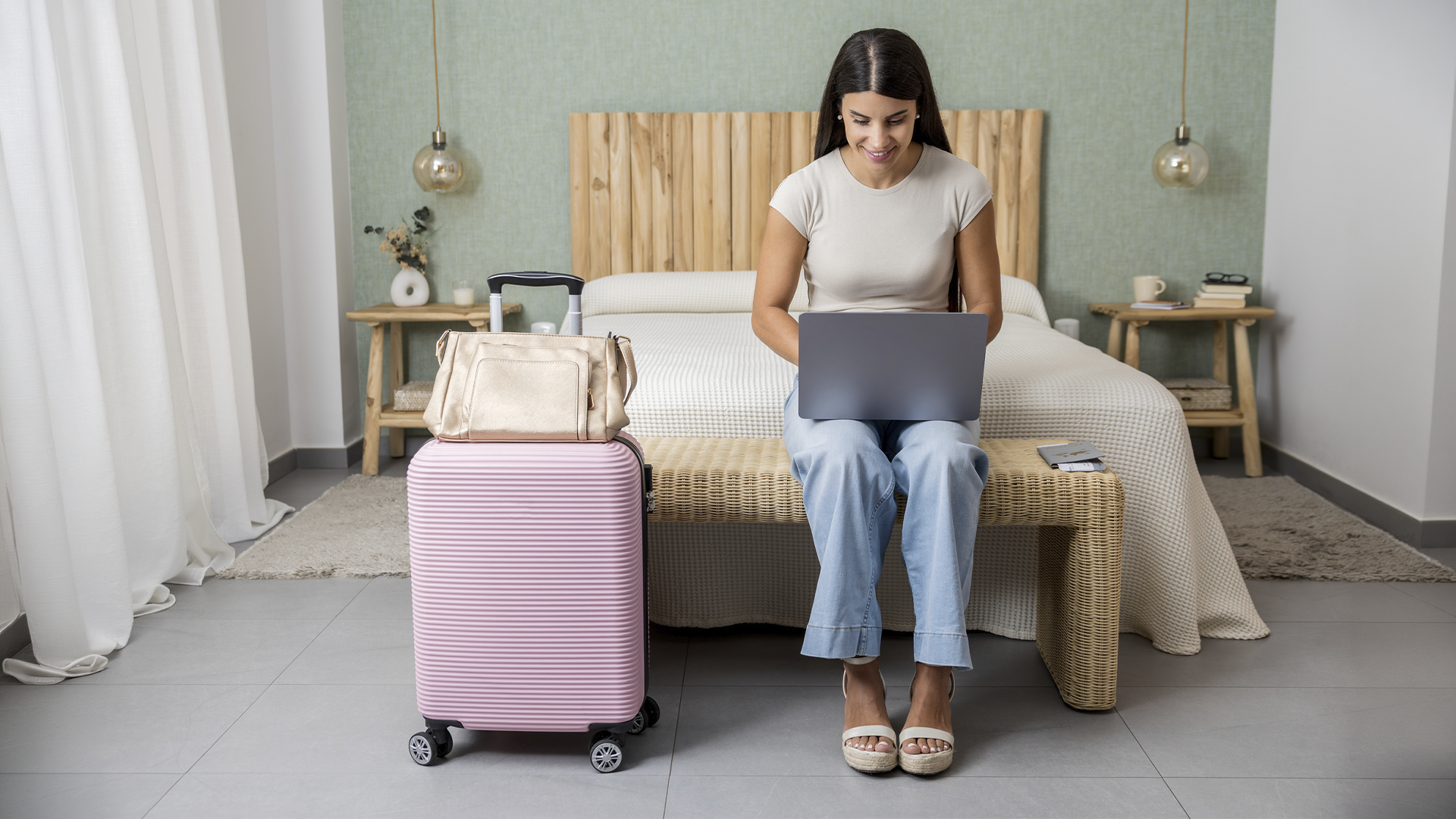 Persona sentada en un banco a los pies de una cama, utilizando un ordenador portátil en una habitación de hotel. Frente al banco hay una maleta rígida rosa con ruedas y una bolsa de viaje clara colocada encima. Sobre el asiento, junto a la persona, se observan un pasaporte y tarjetas. La estancia presenta una decoración luminosa con cabecero de madera, mesillas a ambos lados de la cama, lámparas colgantes y ropa de cama en tonos neutros. La escena transmite la planificación o gestión de un viaje desde el alojamiento.