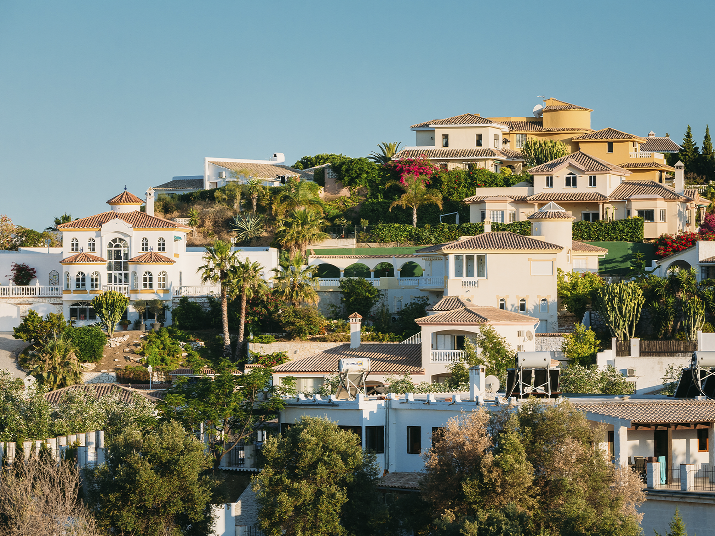 Urbanización residencial en una ladera, con varias viviendas de estilo mediterráneo en tonos claros y tejados de teja. Las casas están rodeadas de palmeras, jardines y abundante vegetación, distribuidas en distintos niveles del terreno. La luz del sol resalta las fachadas y el paisaje bajo un cielo azul despejado.