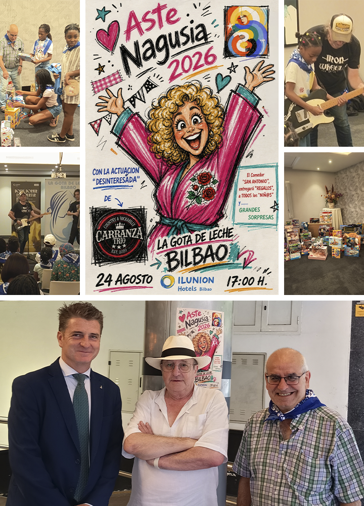 Collage de fotografías de un evento benéfico. En el centro destaca un cartel ilustrado con el texto “Aste Nagusia 2026”, “La Gota de Leche Bilbao” y detalles de una actuación solidaria. Alrededor aparecen escenas de entrega de juguetes a menores, una actuación musical en directo y una exposición de regalos. En la parte inferior, tres personas posan frente al cartel del evento. La composición reúne distintos momentos de una jornada solidaria celebrada en un espacio interior.