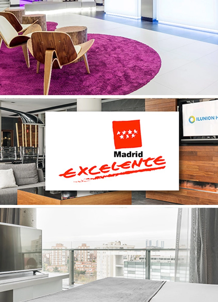 Collage de espacios y servicios de un hotel. En la parte superior se aprecia una zona de recepción o descanso con sillones de madera sobre una alfombra circular de color magenta. En el centro aparecen imágenes del vestíbulo, una zona de bar y un mostrador con pantallas que muestran el logotipo de ILUNION Hotels, junto al distintivo “Madrid Excelente”. En la parte inferior se muestra una habitación moderna con cama, televisión y grandes ventanales con vistas urbanas. El conjunto destaca instalaciones de alojamiento, áreas comunes y reconocimientos de calidad del establecimiento.