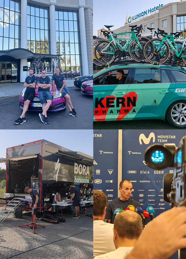 Collage de cuatro fotografías de equipos ciclistas profesionales frente a un hotel ILUNION, con vehículos de apoyo, bicicletas de competición, zona técnica y una rueda de prensa.