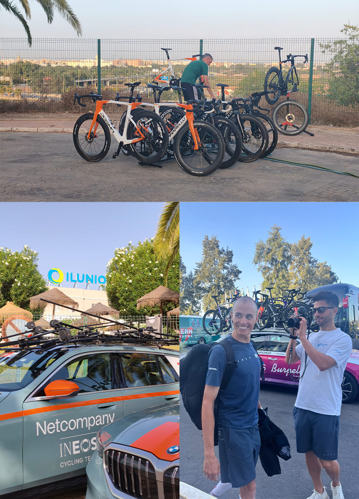 Collage de tres fotografías relacionadas con el ciclismo profesional. En la imagen superior, varias bicicletas de carretera están agrupadas en una zona exterior mientras una persona realiza tareas de mantenimiento. En la parte inferior izquierda, un vehículo del equipo INEOS Grenadiers con portabicicletas en el techo está aparcado frente a un edificio con el logotipo de ILUNION. En la parte inferior derecha, dos personas se encuentran junto a vehículos de apoyo equipados para competición ciclista, con varias bicicletas transportadas sobre los techos. El conjunto refleja preparativos y logística vinculados a una prueba deportiva. Proporcione sus comentarios sobre BizChat