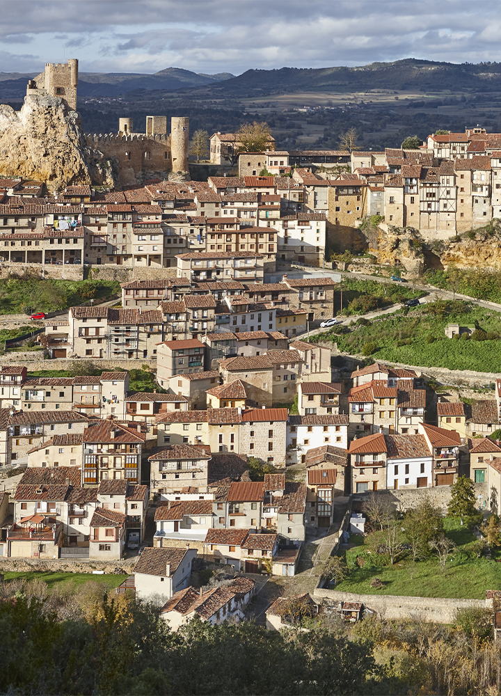 Vista panorámica de un pueblo histórico con numerosas casas de piedra y tejados de teja rojiza distribuidos en una ladera. En la parte superior destaca un castillo fortificado con torres y murallas asentado sobre un afloramiento rocoso. El entorno está rodeado de campos y colinas bajo un cielo con nubes dispersas, iluminado por una luz suave que resalta la arquitectura tradicional y el paisaje rural.