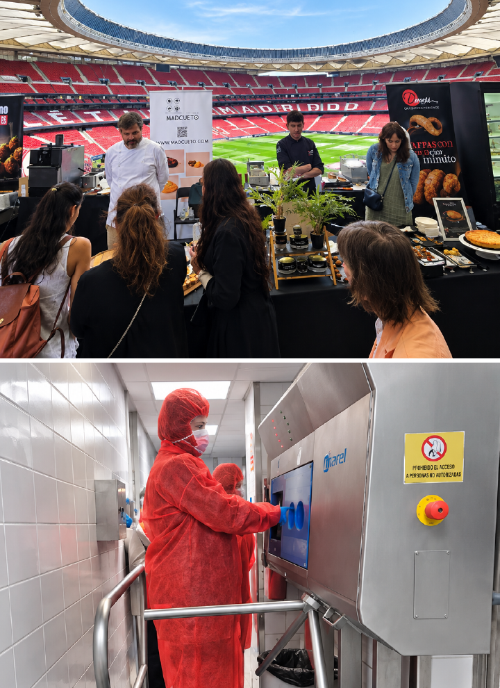 Dos imágenes relacionadas con gastronomía y alimentación: en la parte superior, muestra culinaria con degustaciones en el estadio Metropolitano; en la inferior, personal con equipamiento de protección trabajando en una planta alimentaria industrial.